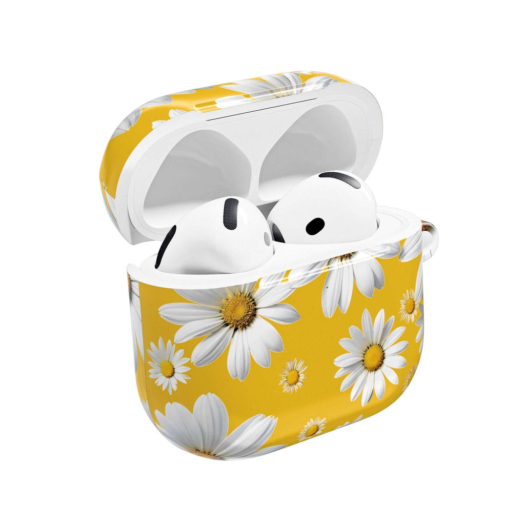 Yellow Daises AirPods Case with white daisy flower design, hard shell protective cover for AirPods and AirPods Pro