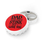 Dad Farts Stink Bottle Opener with magnetic bottle cap design and dual metal openers
