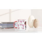 Custom ceramic coffee cup gift with a cute personalized Valentines design, featuring a glossy white finish with colored rim and handle, perfect for gifting.