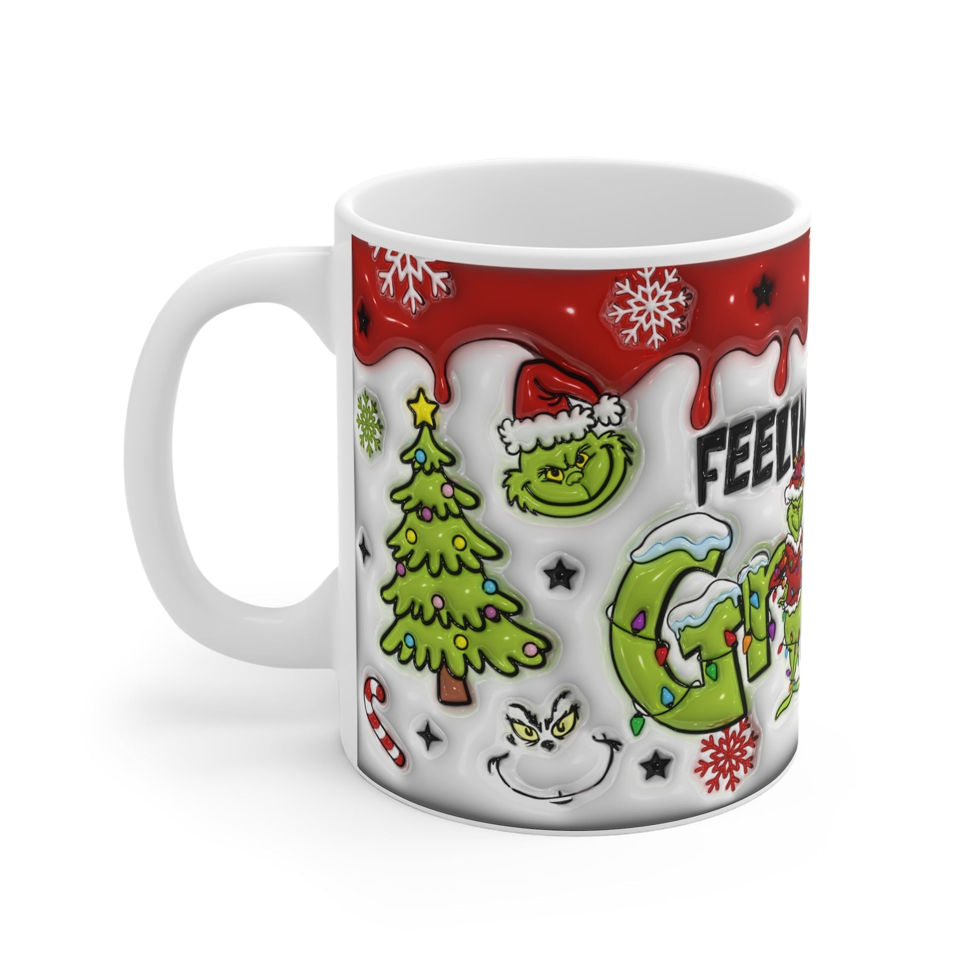 Grinchy Christmas Mug with festive design, 11oz ceramic, glossy finish, sublimation print.