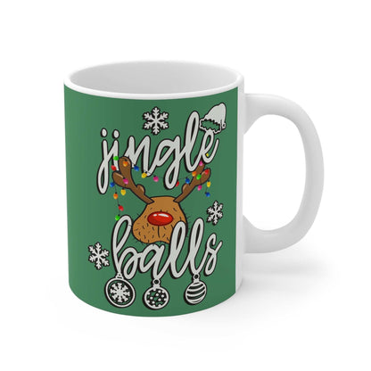 Cheeky Fun Christmas Mug with reindeer illustration and festive text on green background.