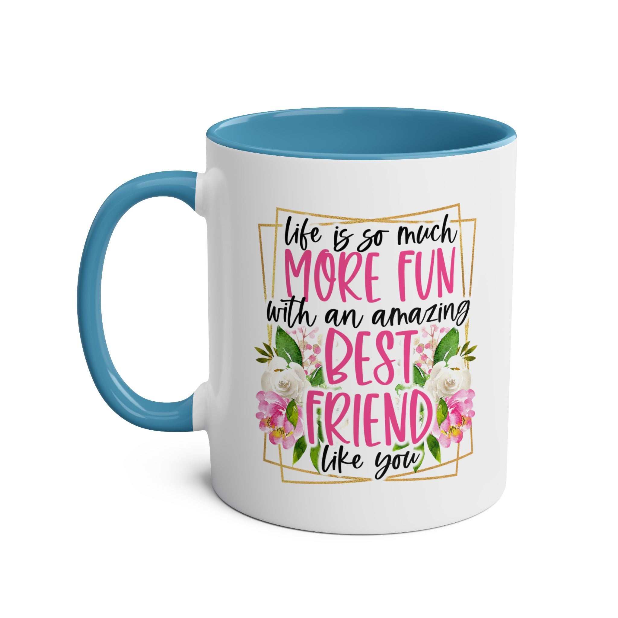 Amazing Friend Coffee Mug with playful design and blue handle.