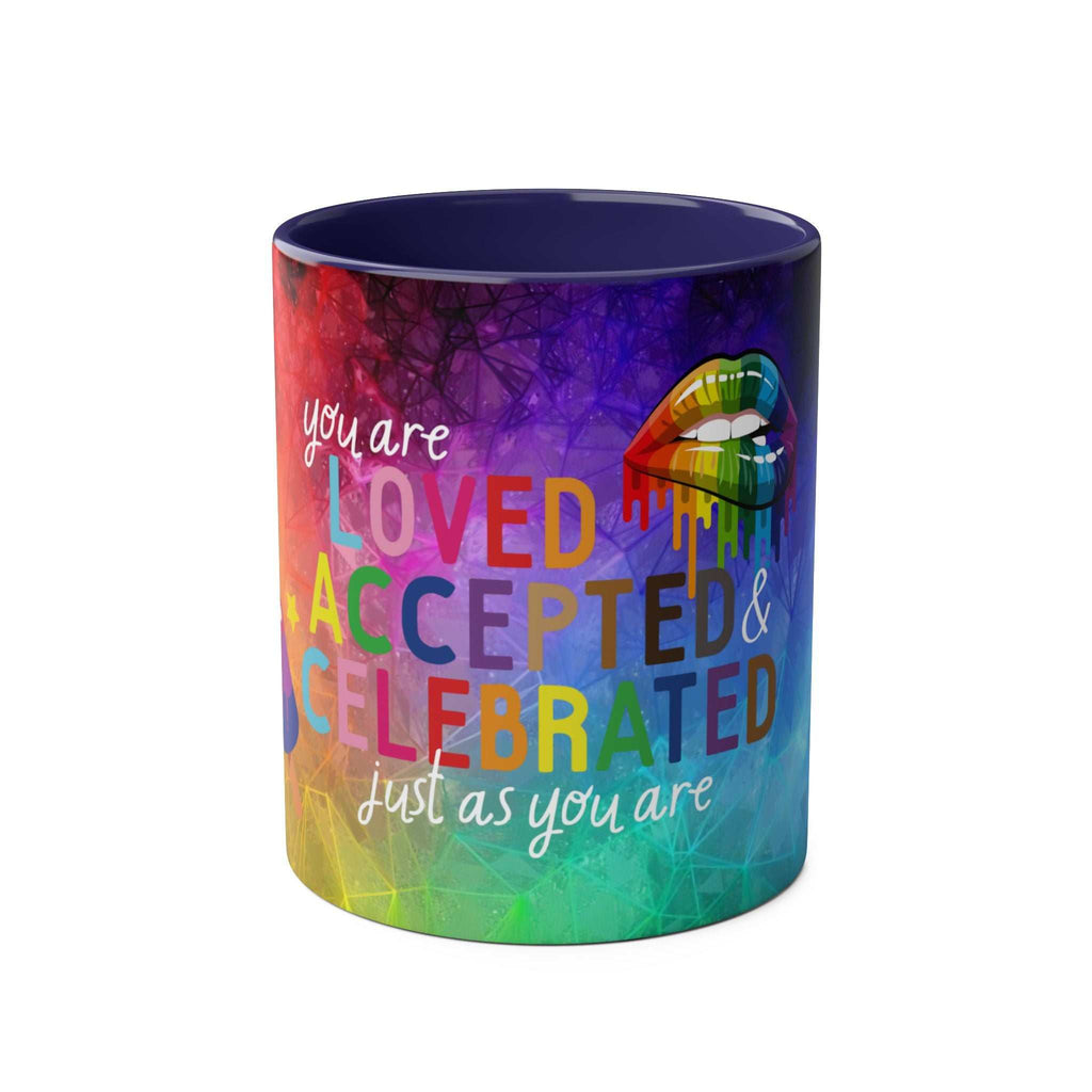 LGBTQ+ Pride Mug with vibrant rainbow design and inspirational message.
