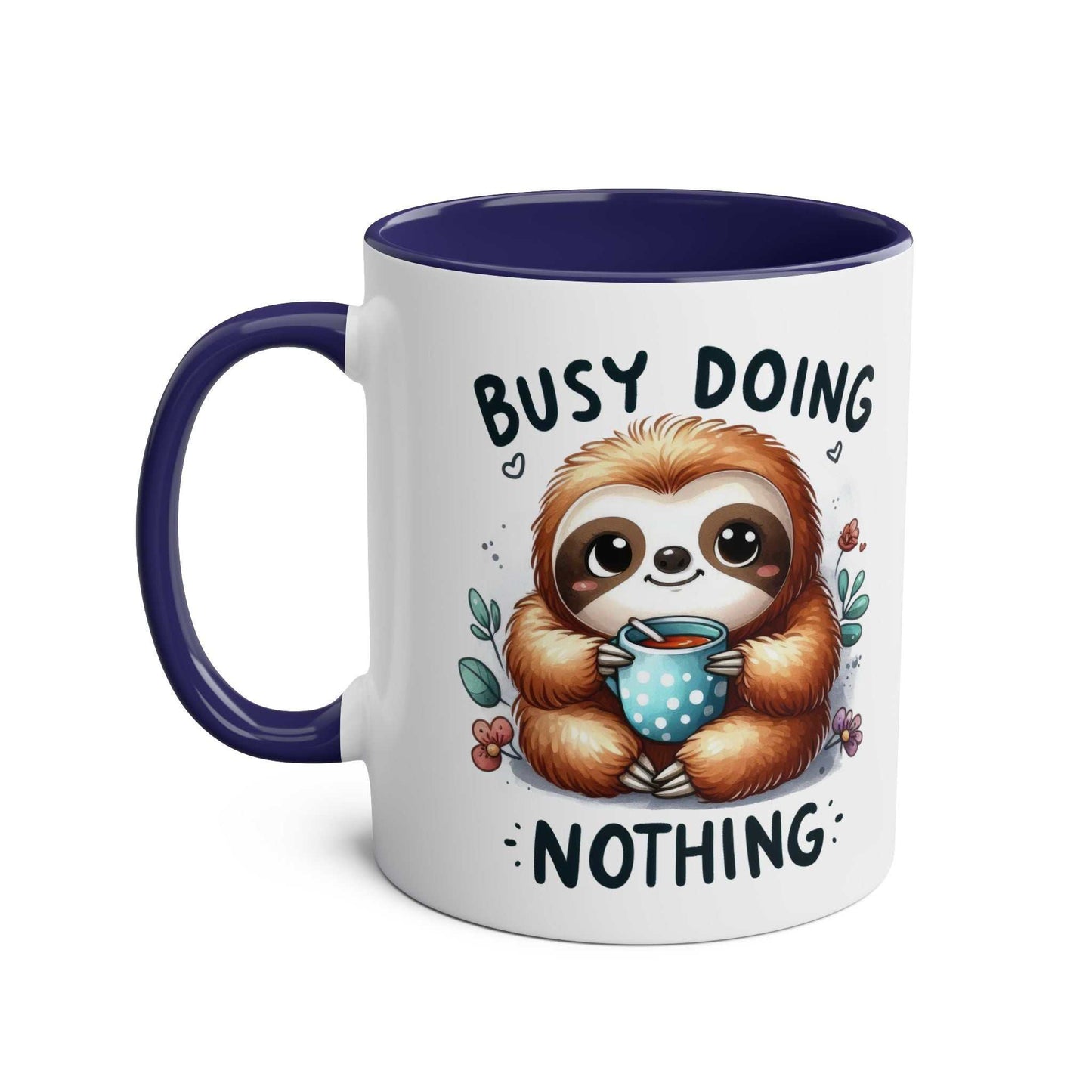 Cute sloth coffee mug with whimsical design and text "Busy Doing Nothing" on a ceramic, glossy finish.