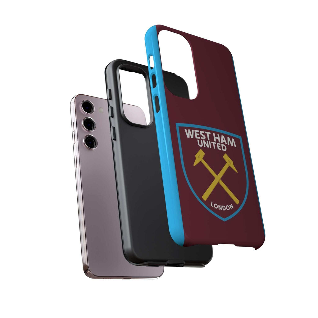 West Ham United Samsung phone case with claret and blue colors, dual layer protection, and wireless charging compatible.