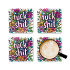 Colorful "Fuck This Shit" coaster set with floral design, 4-piece set, high-gloss MDF top, cork back.