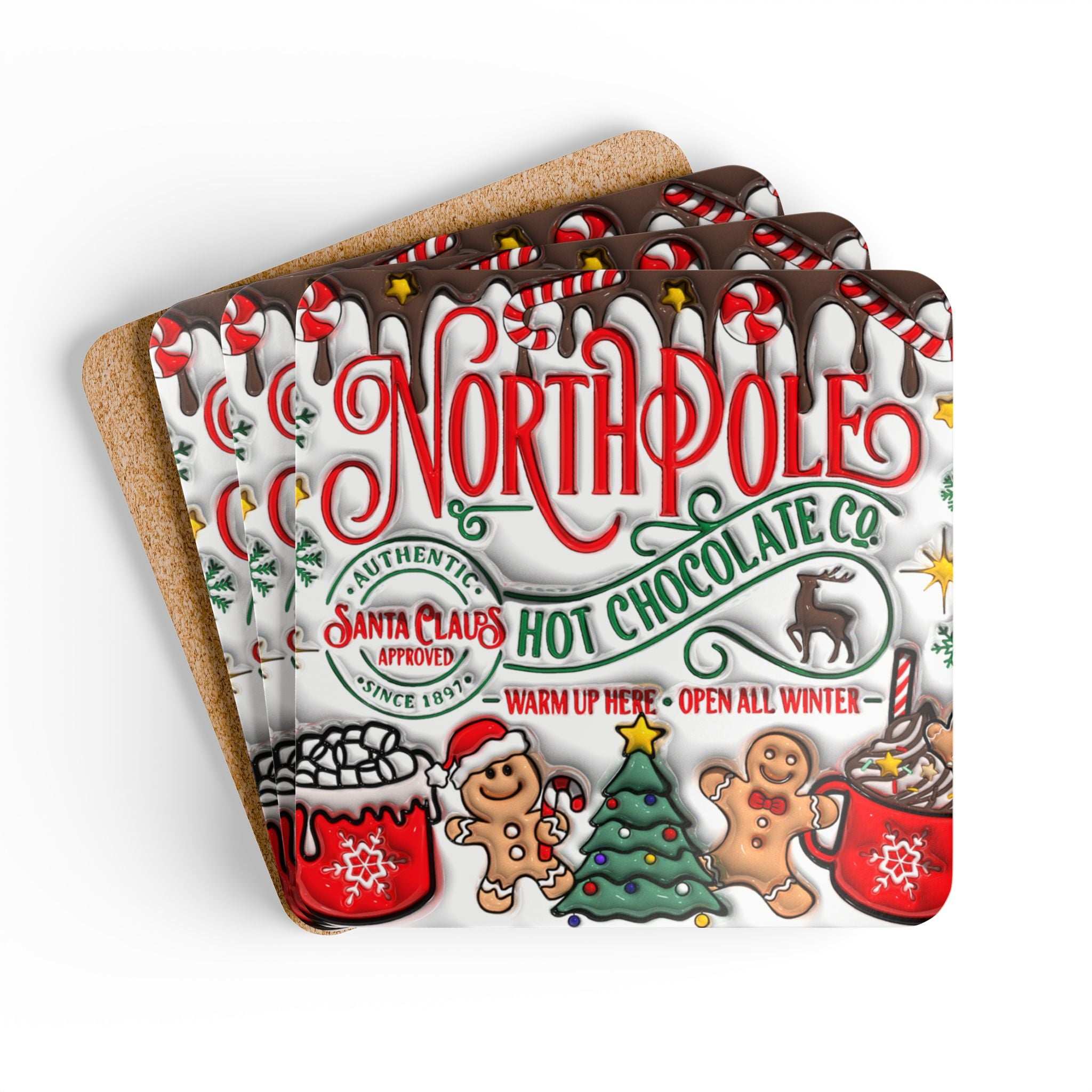 Northpole Christmas Coaster Set with festive holiday design and cork backing, perfect for holiday gatherings.