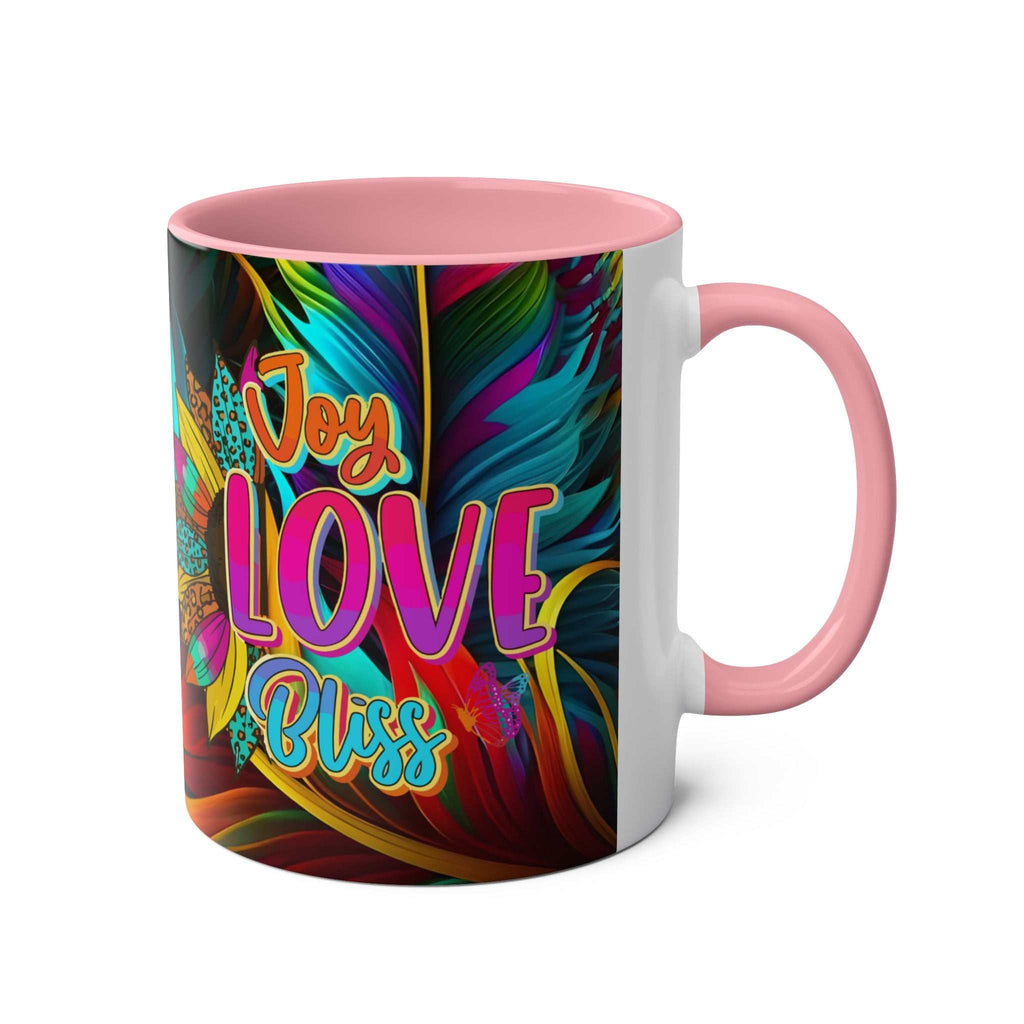 LGBTQ+ Pride Mug with vibrant rainbow design and "Joy Love Bliss" text.