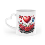 Gorgeous Valentines Day mug with heart-shaped handle and vibrant design.