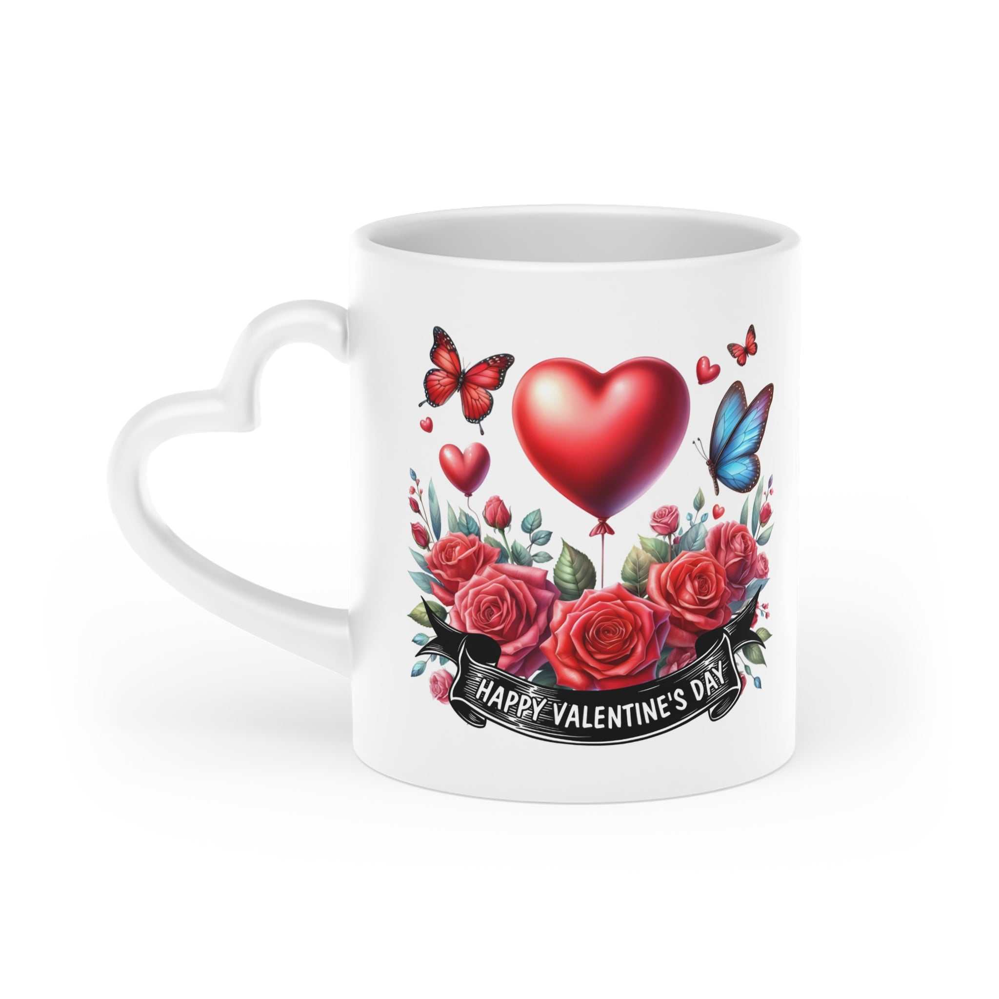 Gorgeous Valentines Day mug with heart-shaped handle and vibrant design.