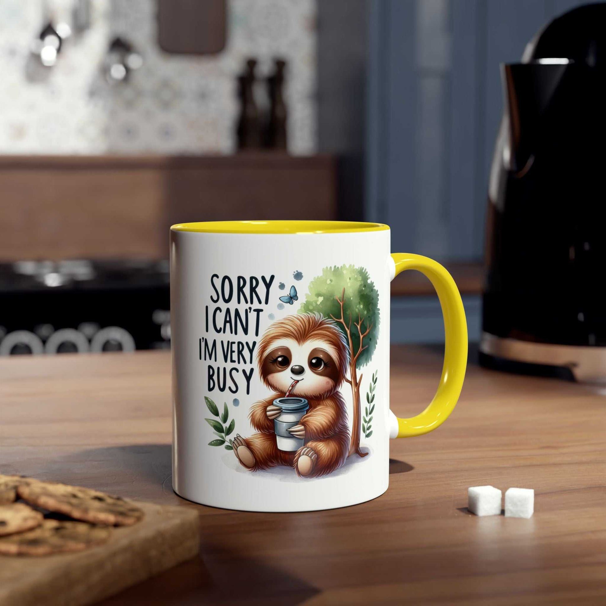 Cute sloth coffee mug with cheerful design, 11oz ceramic, glossy finish, yellow handle.