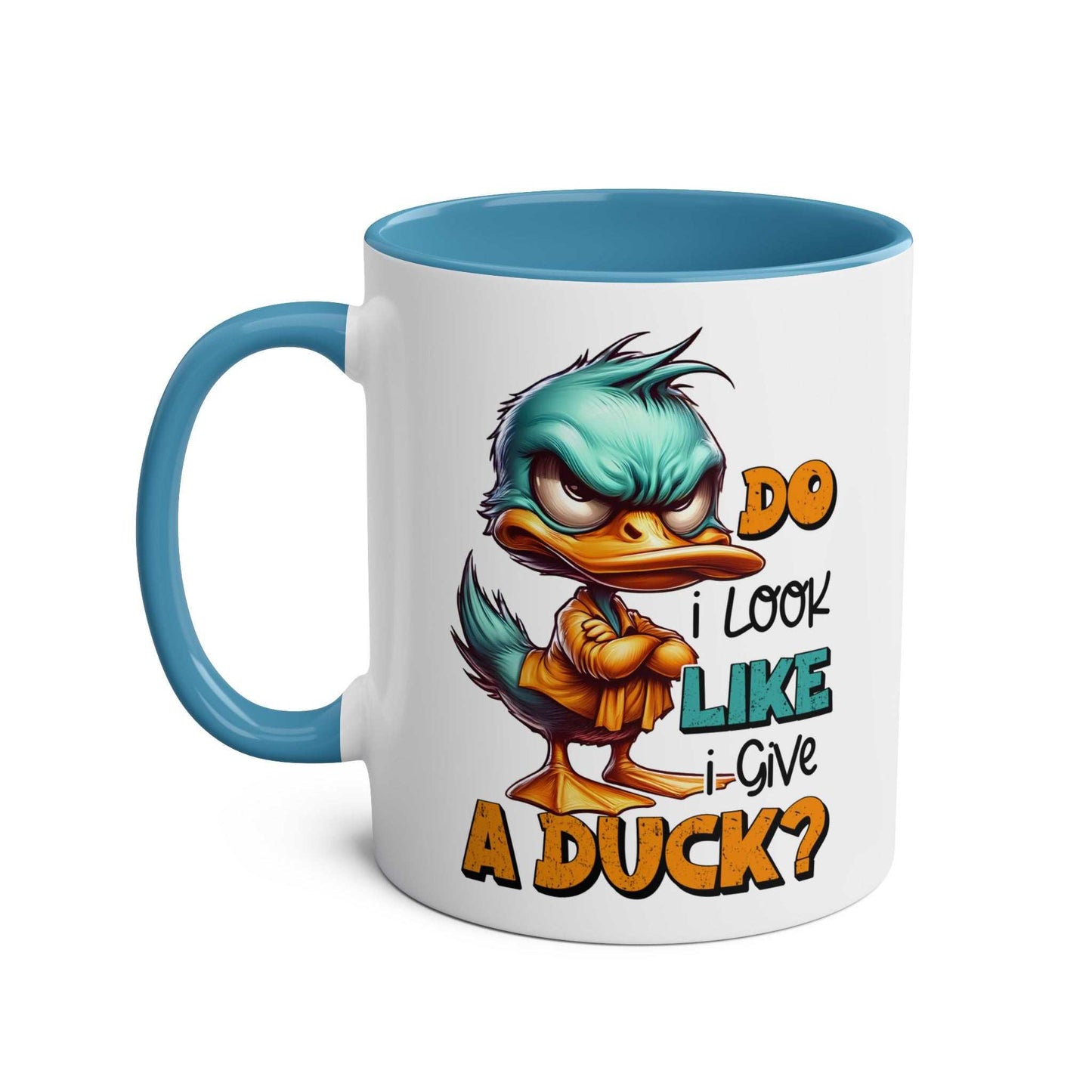 Playful duck design on Give A Duck Coffee Mug with blue handle and interior.