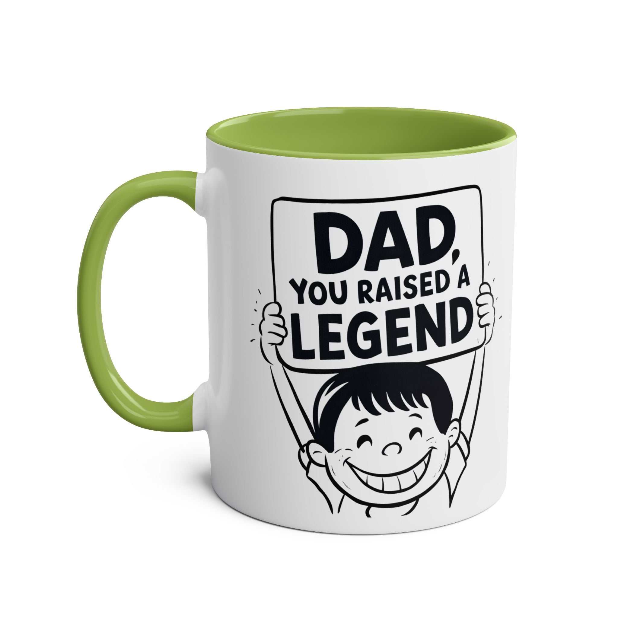 Fun Fathers Day Gift Mug with "Dad, You Raised a Legend" design, green interior and handle, perfect for dads.
