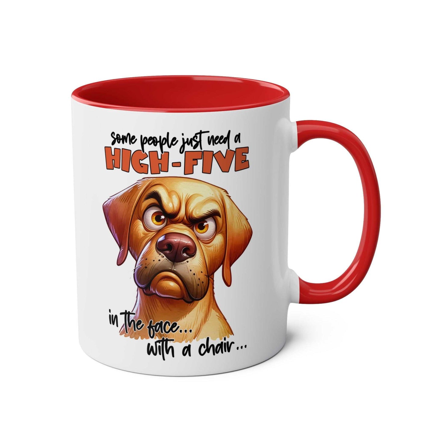 Snarky dog graphic ceramic coffee mug with red handle and interior.