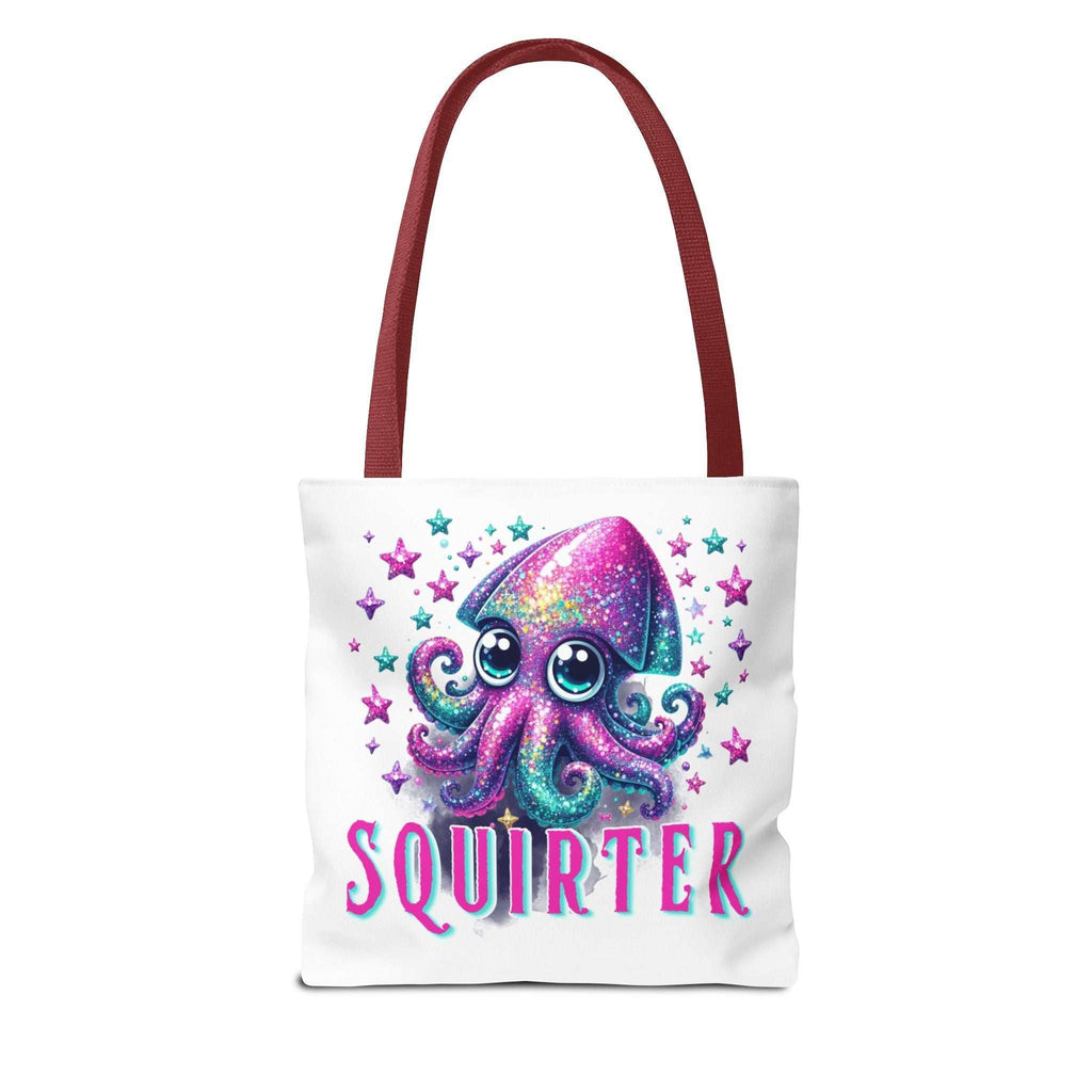 Cheeky Squirter Squid Tote Bag in multiple sizes with colorful handles and durable spun polyester fabric