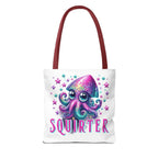 Cheeky Squirter Squid Tote Bag in multiple sizes with colorful handles and durable spun polyester fabric