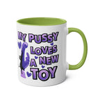 Cheeky Fun Coffee Mug with playful purple text and cat design on white ceramic, green handle and interior