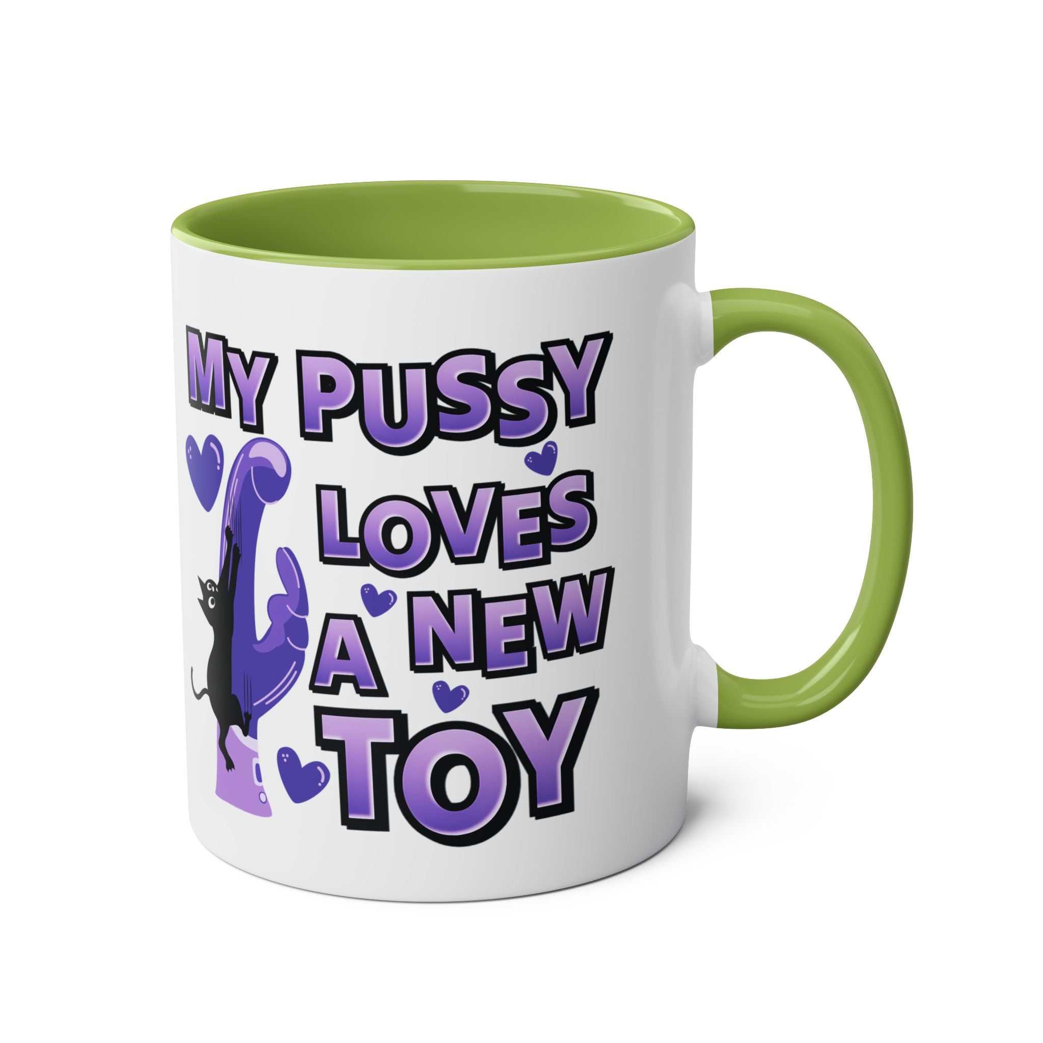 Cheeky Fun Coffee Mug with playful purple text and cat design on white ceramic, green handle and interior