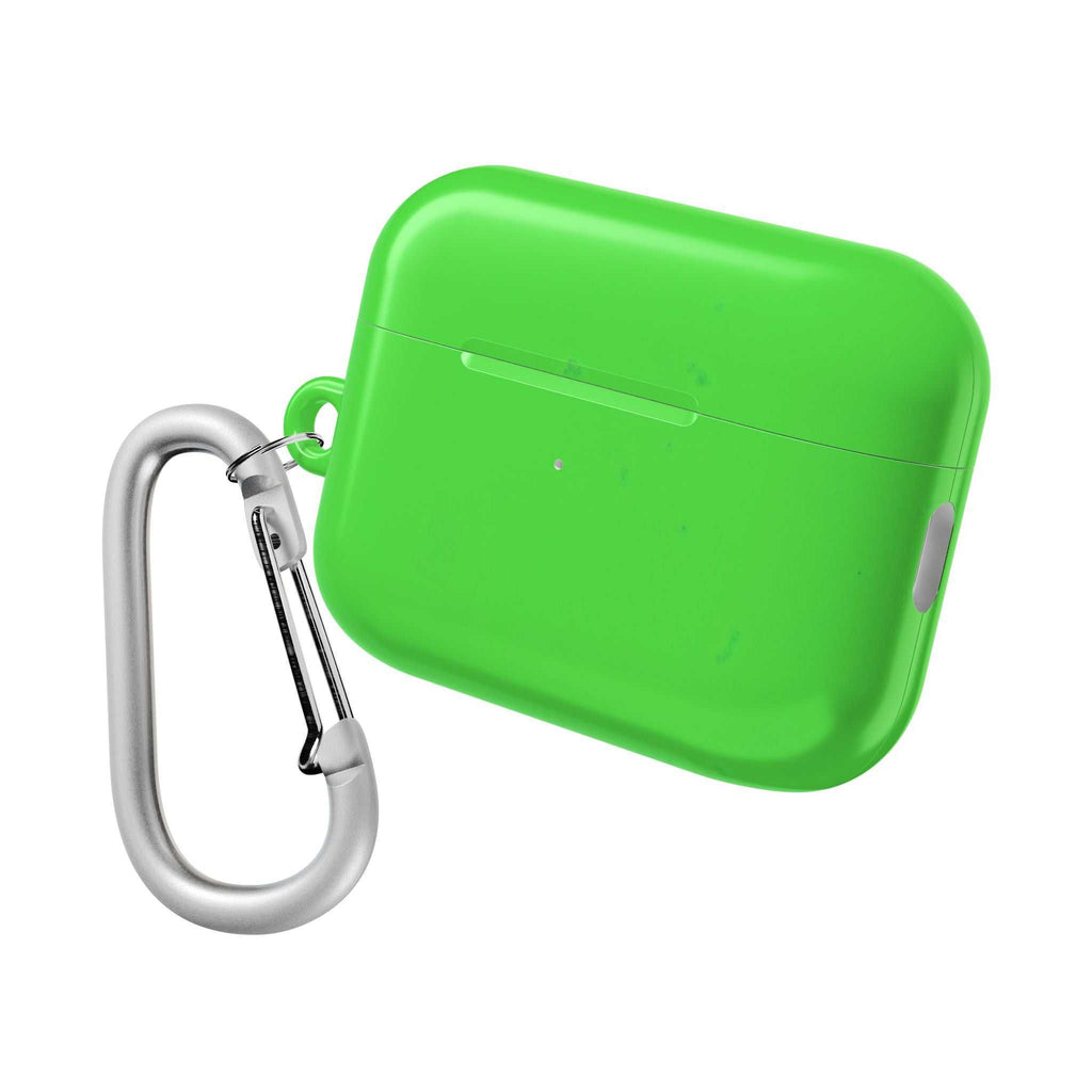 Lime green hard shell AirPods protective case with carabiner, durable and lightweight design, compatible with AirPods and AirPods Pro.