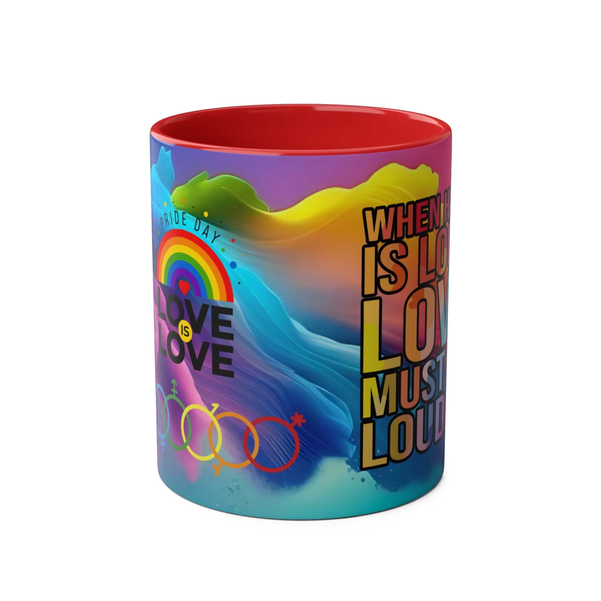 LGBTQ+ Pride mug with vibrant rainbow design and "Love is Love" message.