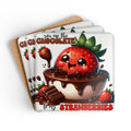 Chocolate & Strawberries Coaster Set with high-gloss MDF top and cork backing, 4-piece non-slip drink coasters.