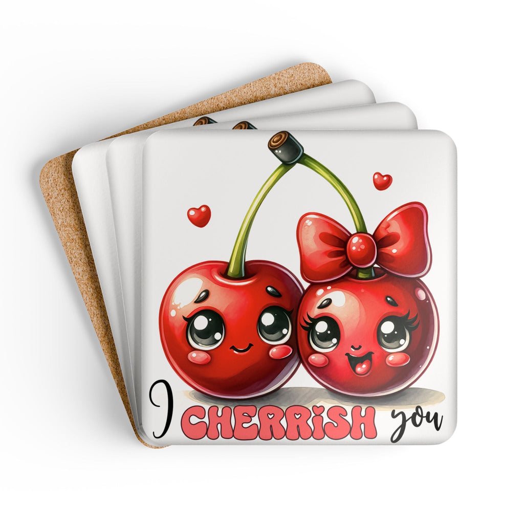 I Cherrish You Coaster Set with cherry design, high-gloss MDF top, cork back, and playful style.