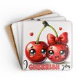 I Cherrish You Coaster Set with playful cherry design, high-gloss MDF, cork backing, and rounded corners