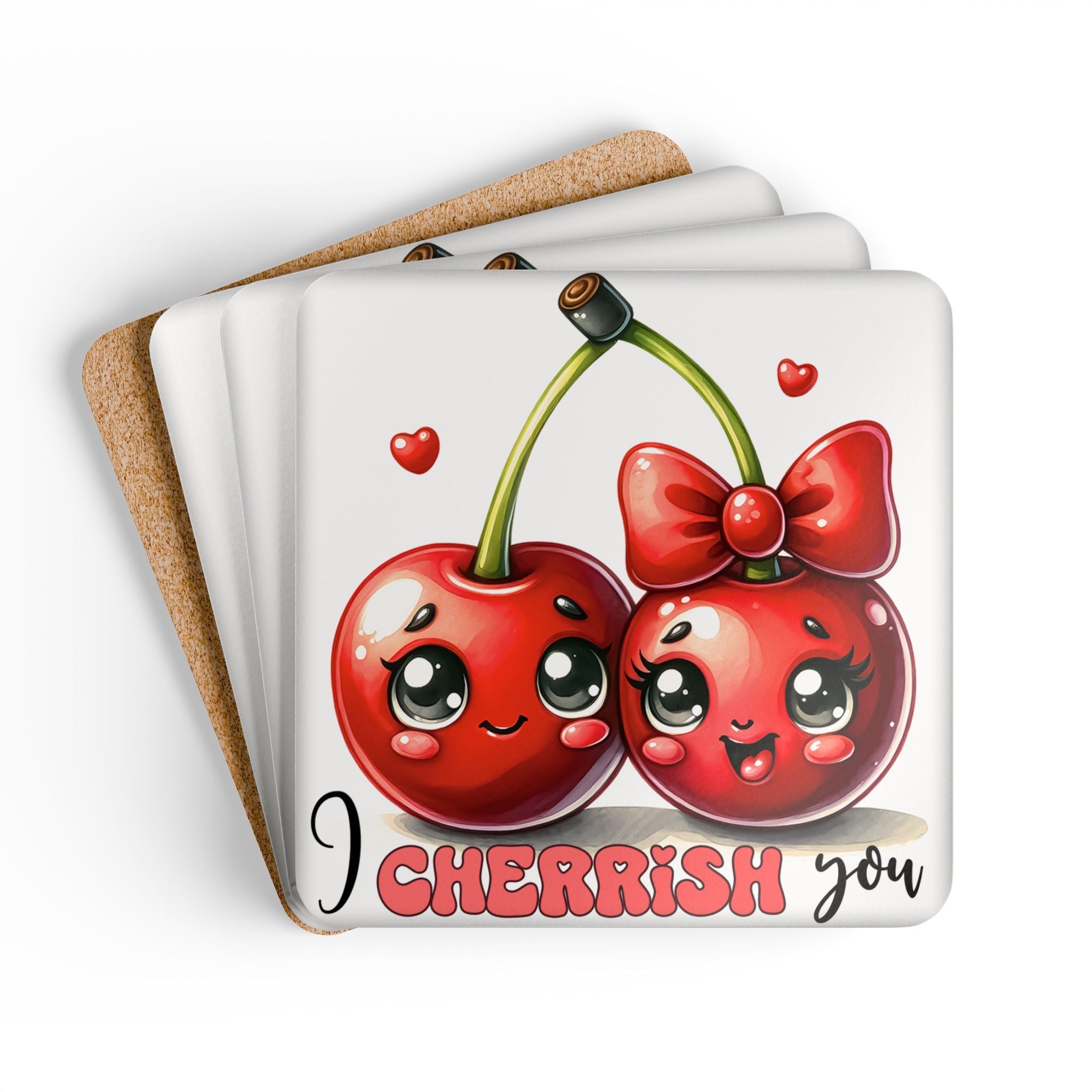 I Cherrish You Coaster Set with cherry design, high-gloss MDF top, cork back, and playful style.