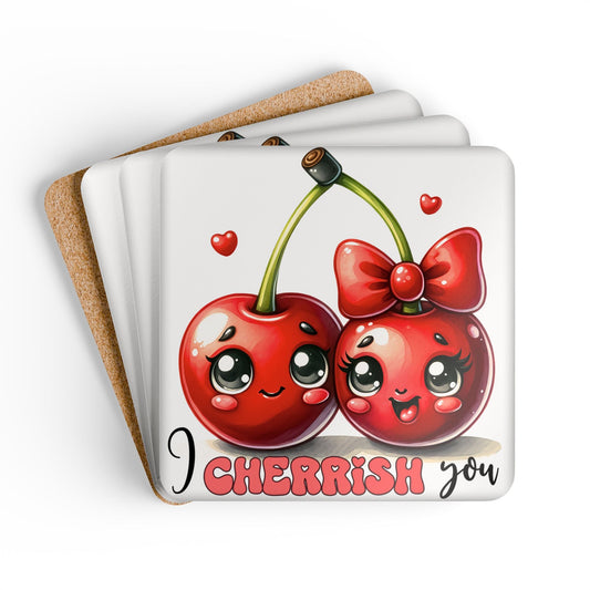 I Cherrish You Coaster Set with cherry design, high-gloss MDF top, cork back, and playful style.