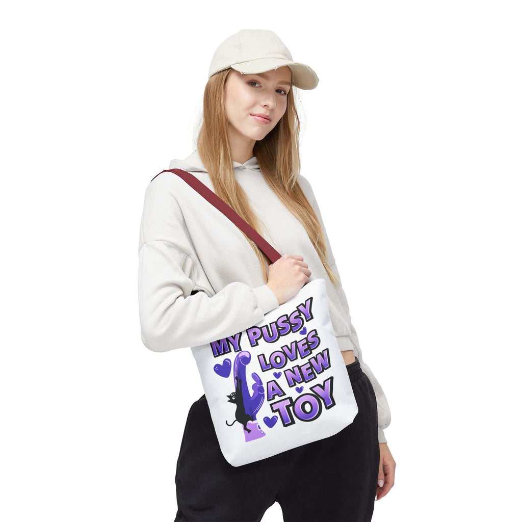 Cheeky Fun Cat Toy Tote Bag with colorful handles and durable polyester fabric for everyday use