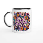 No Fucks Given Fun Mug with colorful floral design, durable ceramic, 11oz capacity.