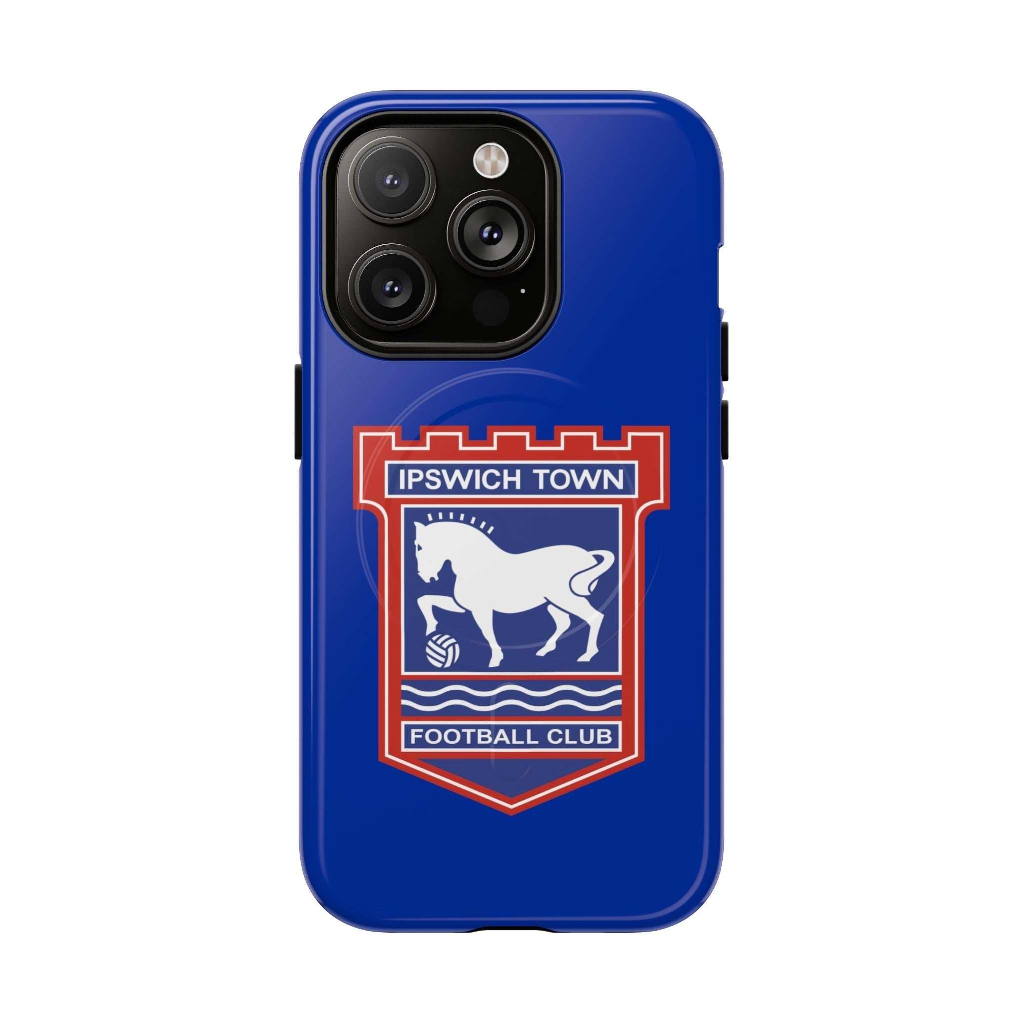 Ipswich Town MagSafe iPhone case with blue club crest, dual layer protection, and wireless charging compatibility