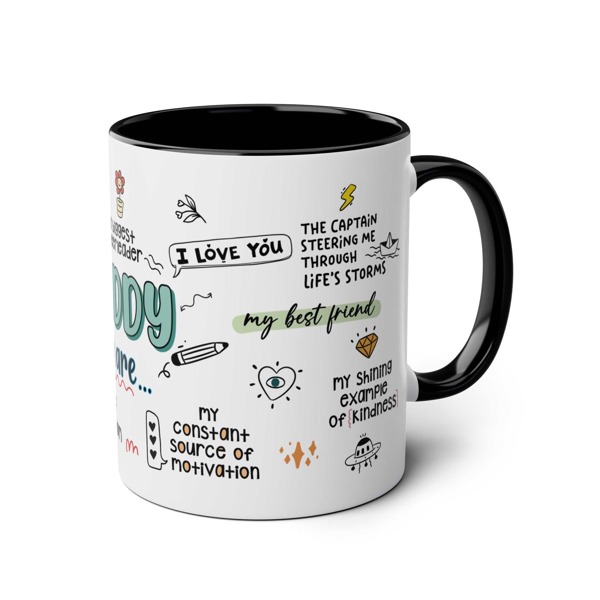 Fathers Day Gift Mug with heartfelt messages, glossy finish, 11oz ceramic, black handle.