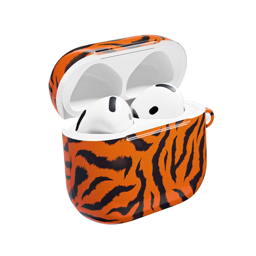 Orange tiger print protective hard shell case for AirPods and AirPods Pro with glossy finish and vibrant design