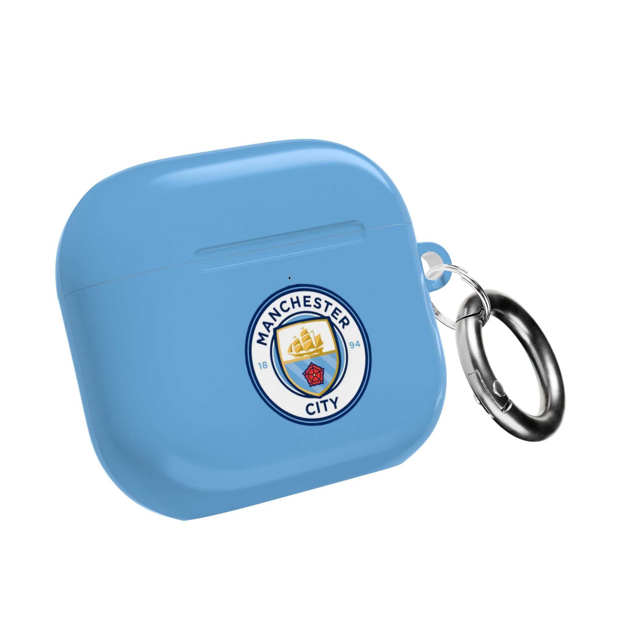 Manchester City FC AirPods protective hard case in sky blue with club crest and keychain ring