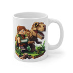 Minecraft Dinosaur Inspired Mug featuring pixelated dinosaur and character design on white ceramic mug with glossy finish, microwave and dishwasher safe.