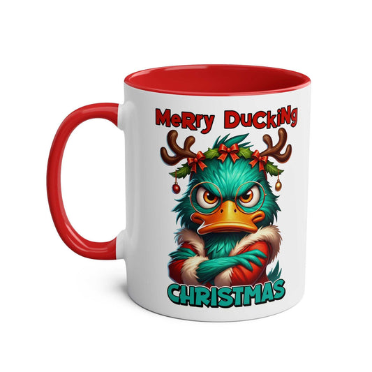 Sarky Christmas Mug featuring a sassy duck with antlers, available in 7 colors.