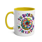 The Back Door is the Fun Door Mug with cheeky bold text on colorful ceramic cup