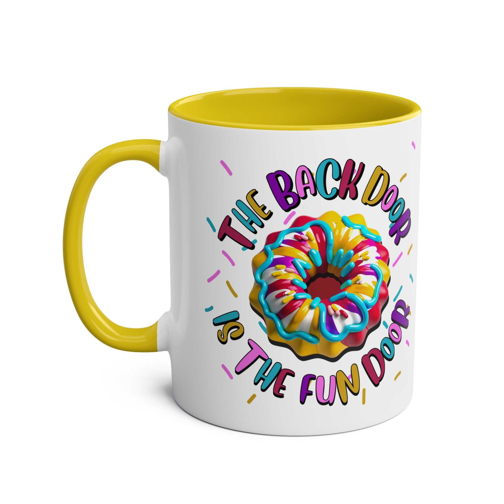 The Back Door is the Fun Door Mug with cheeky bold text on colorful ceramic cup