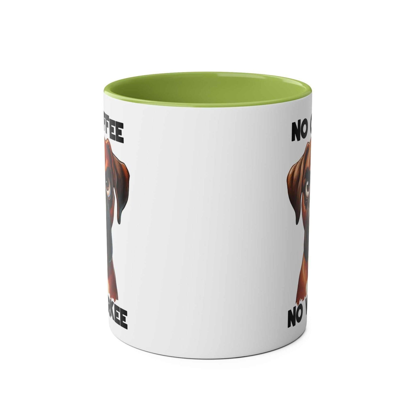 No Coffee No Workee Mug with sarky dog design, green interior, 11oz ceramic.