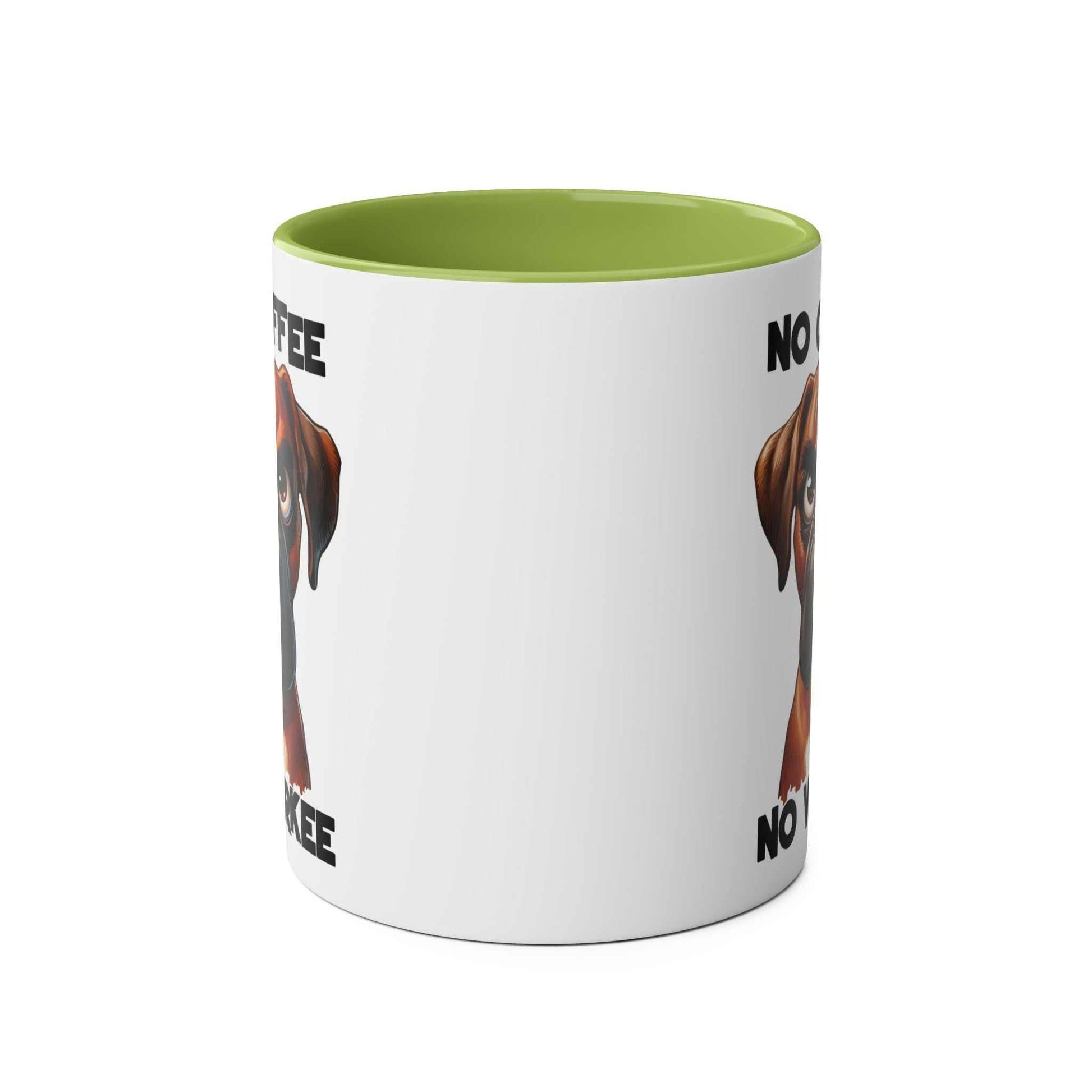 No Coffee No Workee Mug with sarky dog design, green interior, 11oz ceramic.