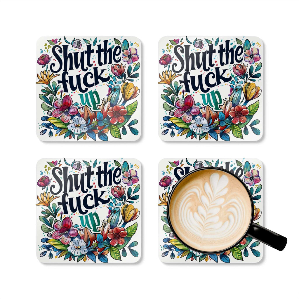 Rude coaster set with colorful floral design and humorous text.