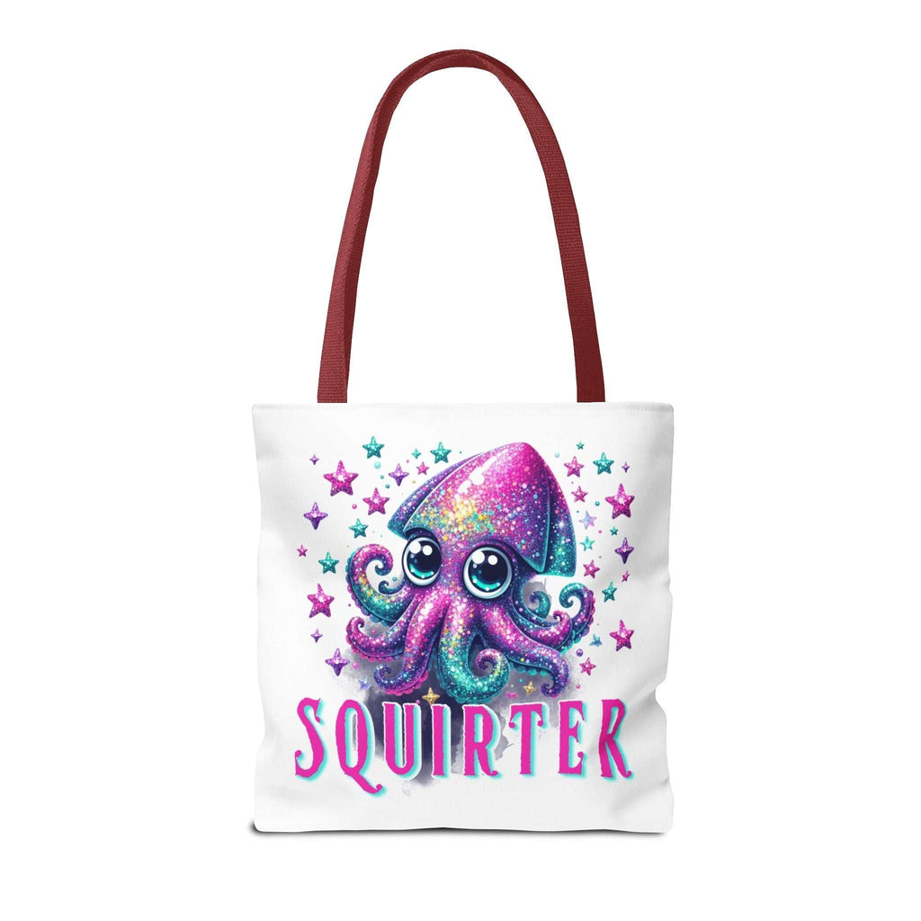 Cheeky Squirter Squid Tote Bag in multiple sizes with colorful handles, durable spun polyester, and playful design for everyday use
