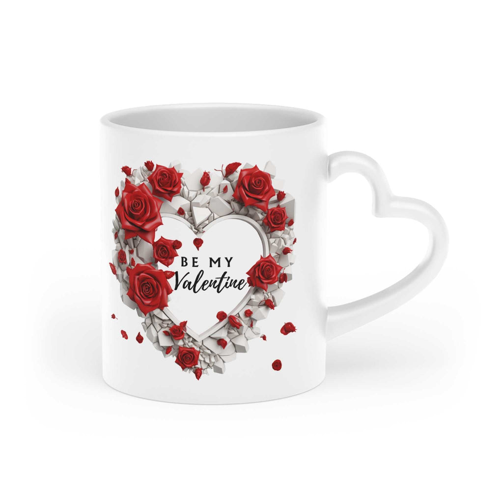 Gorgeous Valentines Day mug with heart-shaped handle featuring vibrant rose design and "Be My Valentine" text.
