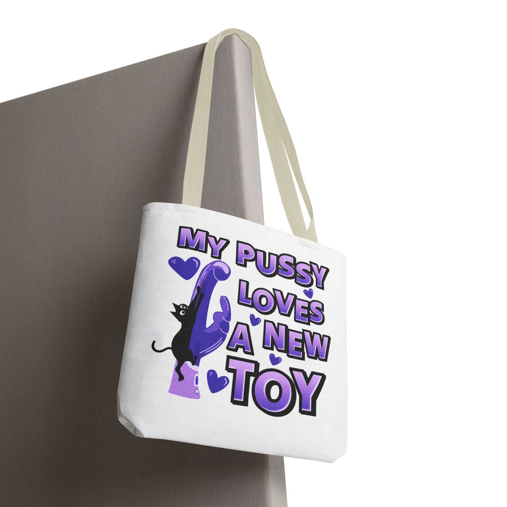 Cheeky fun cat toy tote bag with durable spun polyester and colorful handles