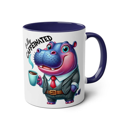 Fun Sarcastic Coffee Mug with cartoon hippo in suit, "Fully Caffeinated" text, ceramic, glossy finish.