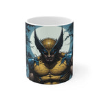 Wolverine themed ceramic coffee mug with superhero graphic and glossy finish