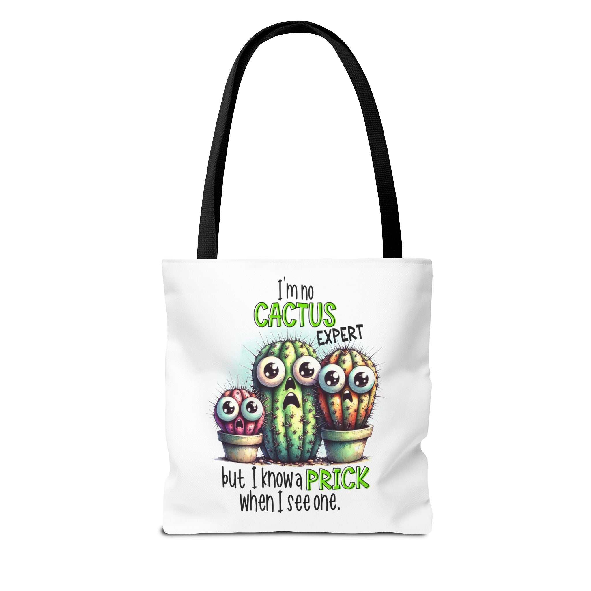 Fun cactus tote bag with cheeky design and colorful handles, made from durable spun polyester, ideal for daily use.