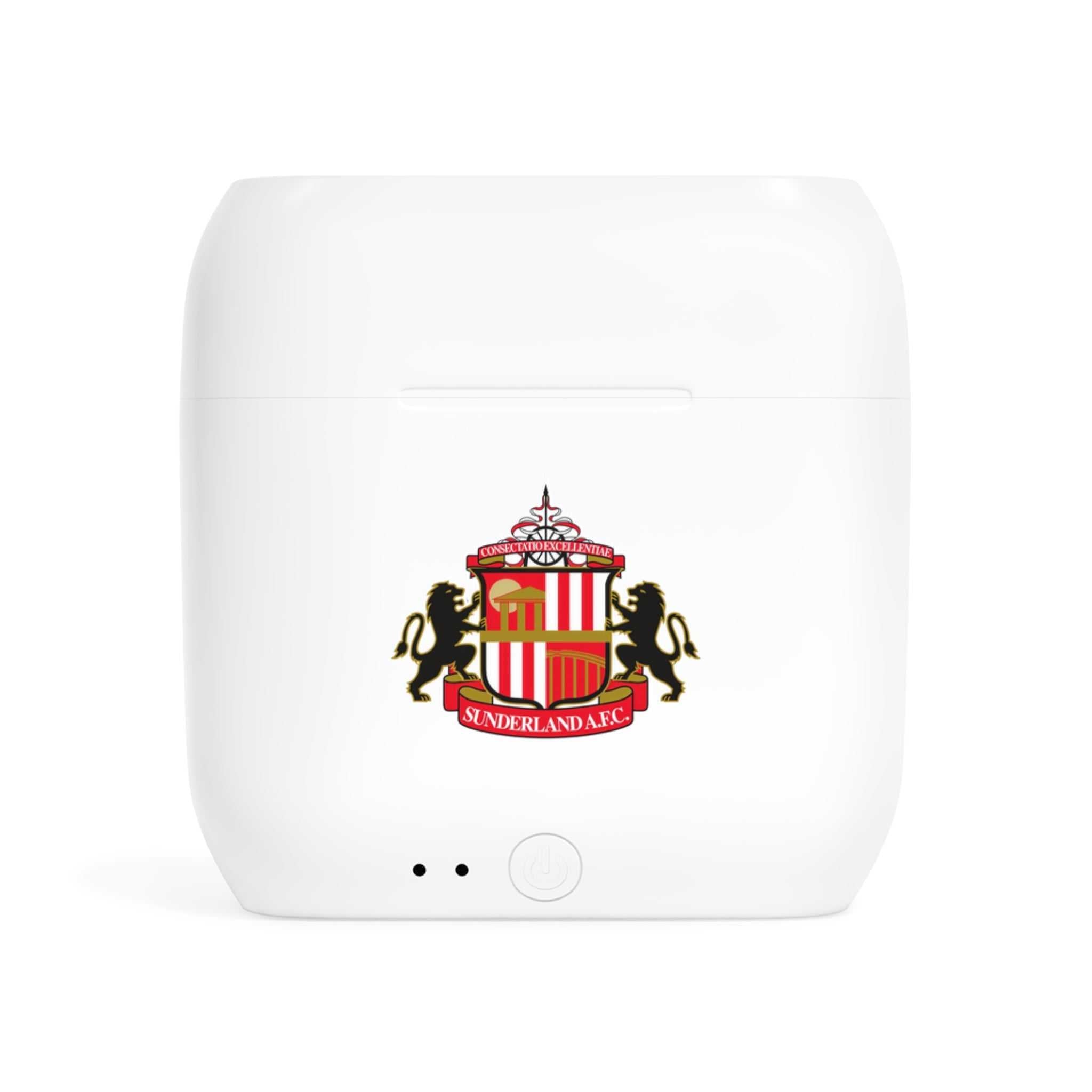 White Sunderland Fc wireless earbuds charging case with fan-inspired club crest design