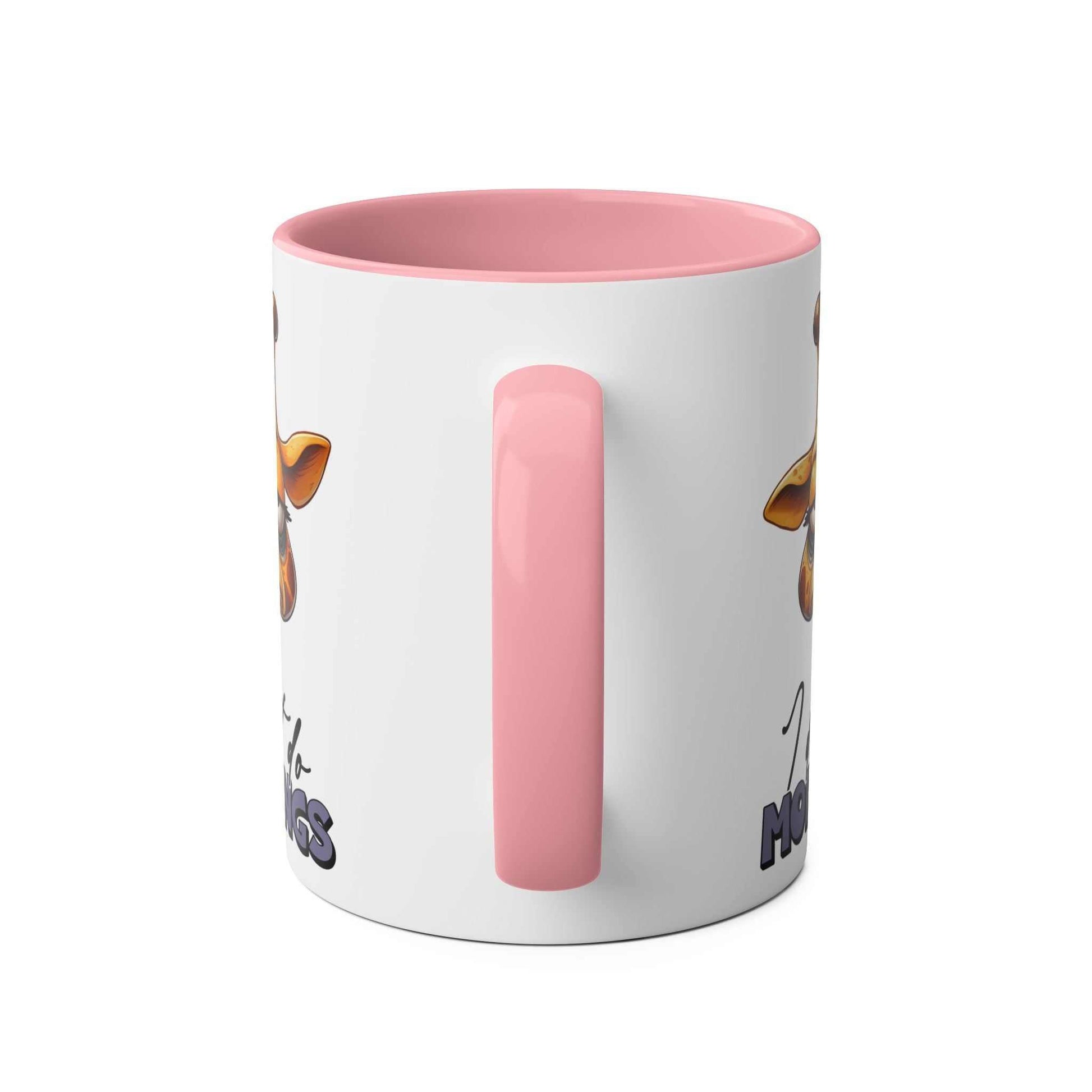 Giraffe design on 'Don't Do Mornings' coffee mug with pink handle and interior.